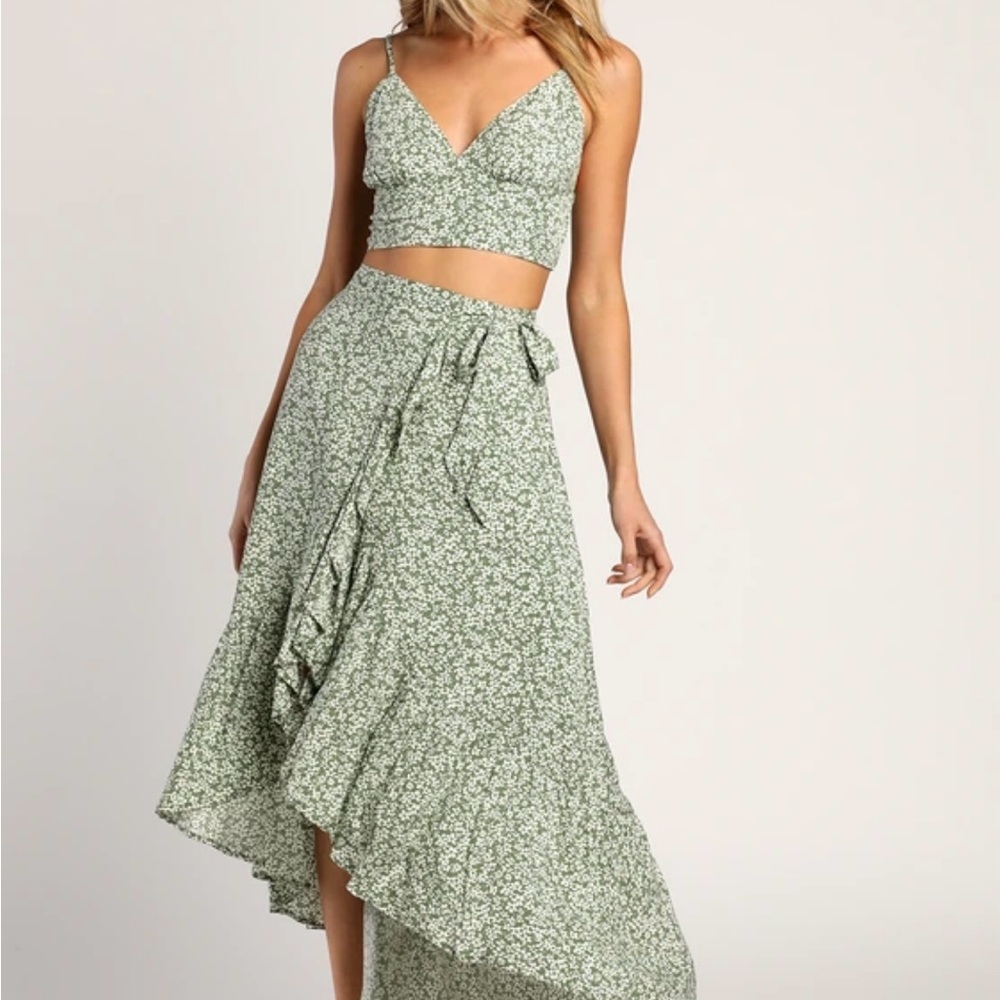 Lulu's Green and White Floral Two Piece Set